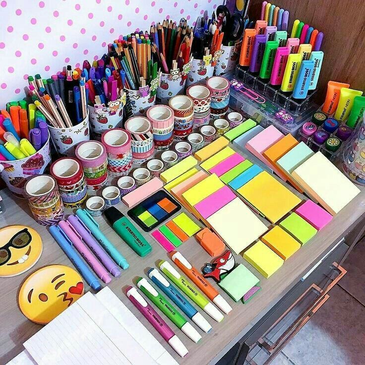 Colorful stationery collection workspace